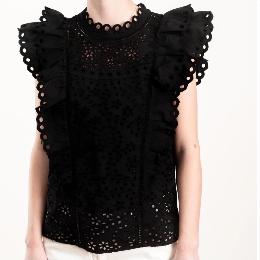 Veronica Beard Boho Black Crisp Cotton Eyelet Ruffle Calisata Top. Size 6.